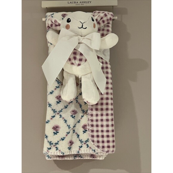 Laura Ashley Kate Baby Blanket Plush Bunny Toy Gift Set Purple Plaid Floral  New
